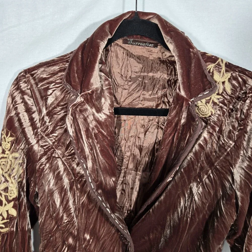 Vintage SURREALIST Steampunk Y2K Crinkled Velvet Embroidery Brown Jacket Size 2. - Picture 6 of 14